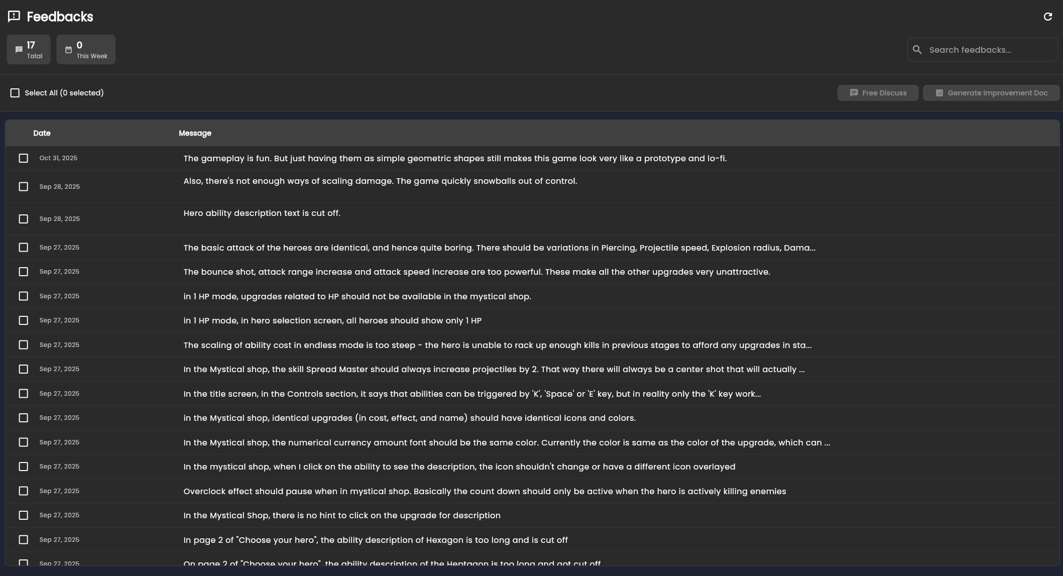 Feedback comments list